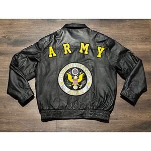 Vintage USA LEATHER ARMY Jacket Sz M Black Big Army Seal & Flag Patch Bomber 80s